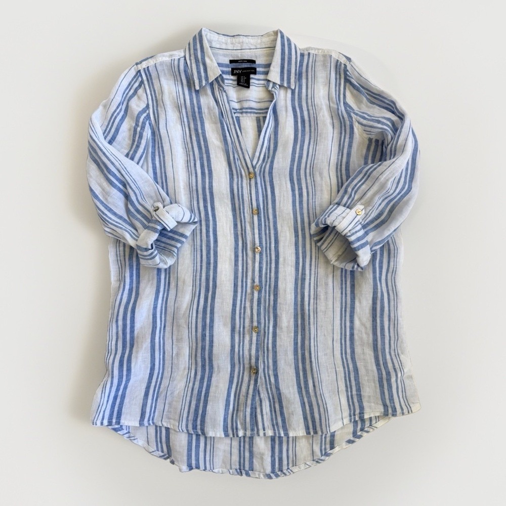 JNY Jones New York Blue White Stripe Linen Collar Preppy Nautical Shirt Women S